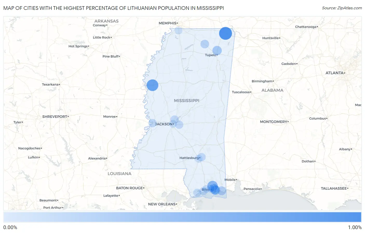Cities with the Highest Percentage of Lithuanian Population in Mississippi Map