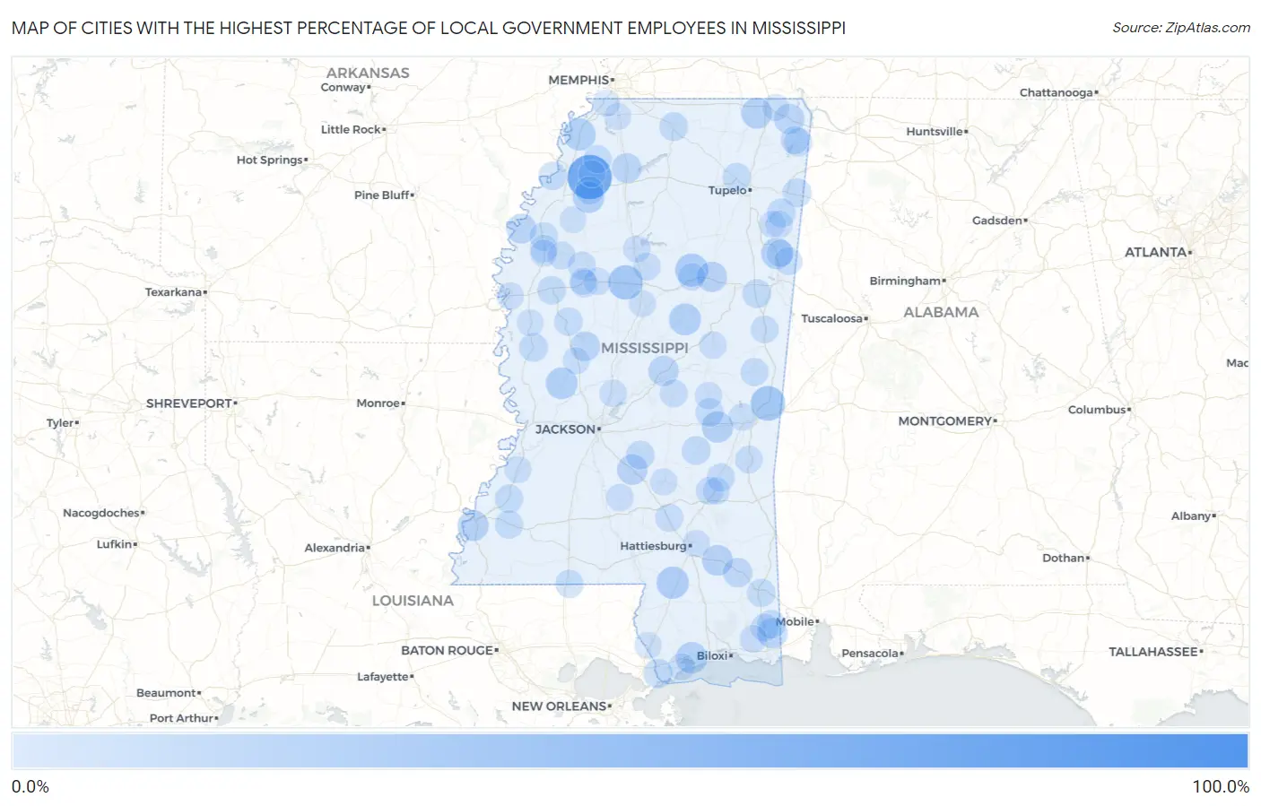 Cities with the Highest Percentage of Local Government Employees in Mississippi Map