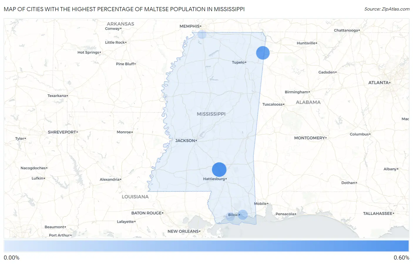Cities with the Highest Percentage of Maltese Population in Mississippi Map