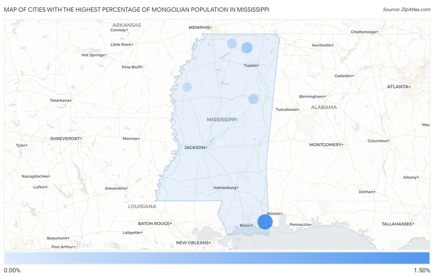 Cities with the Highest Percentage of Mongolian Population in Mississippi Map