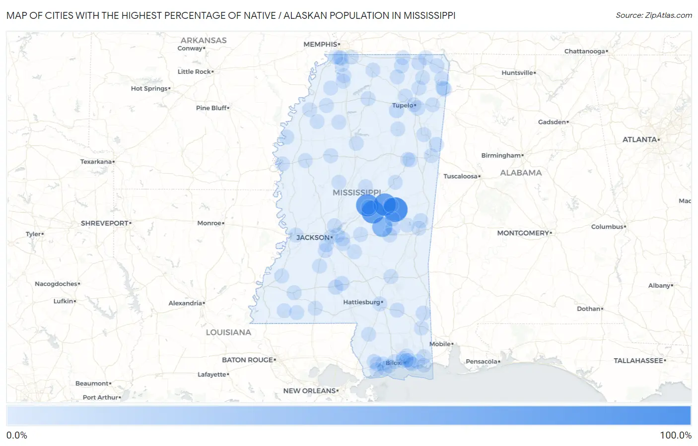 Cities with the Highest Percentage of Native / Alaskan Population in Mississippi Map