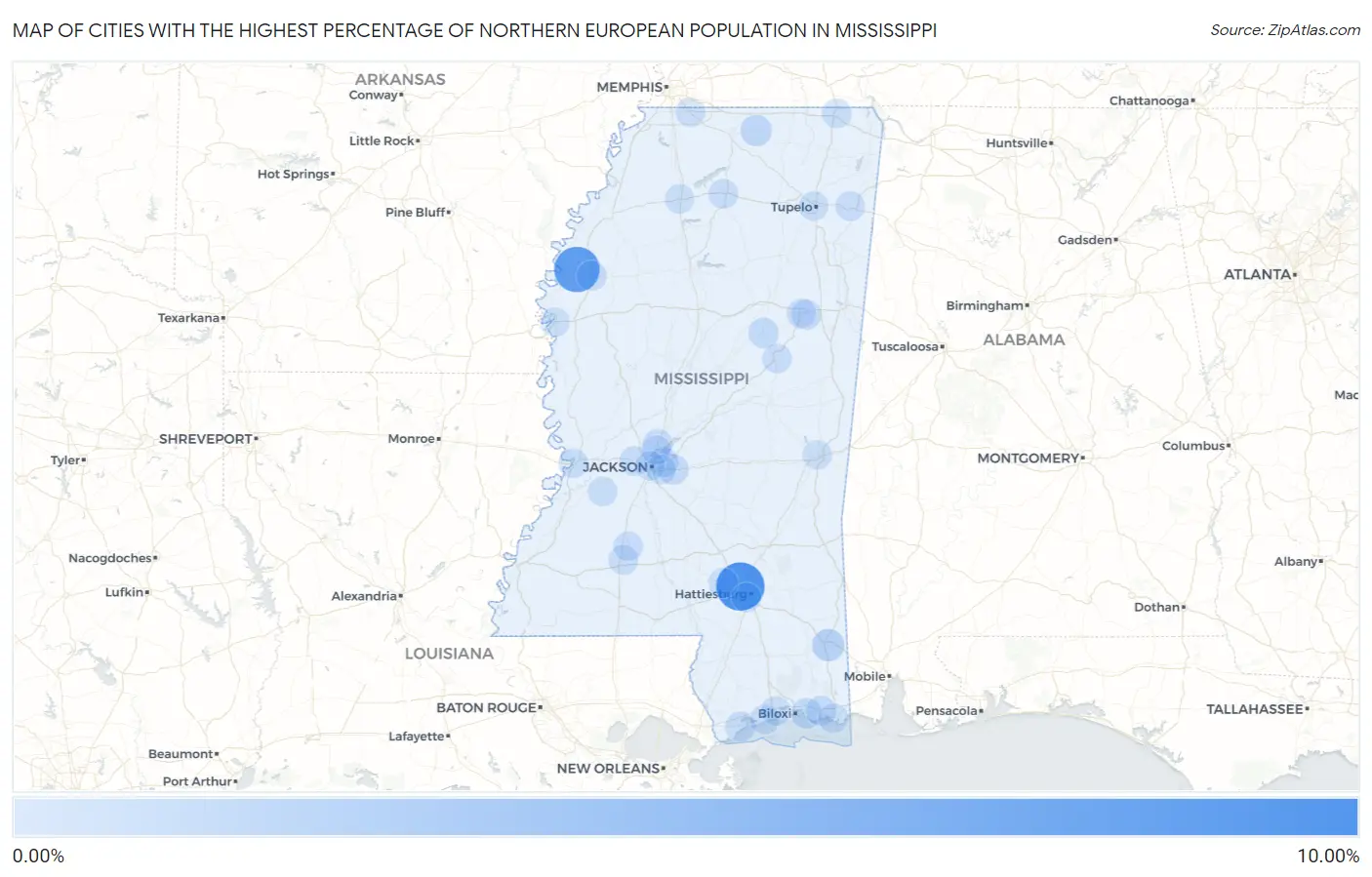 Cities with the Highest Percentage of Northern European Population in Mississippi Map