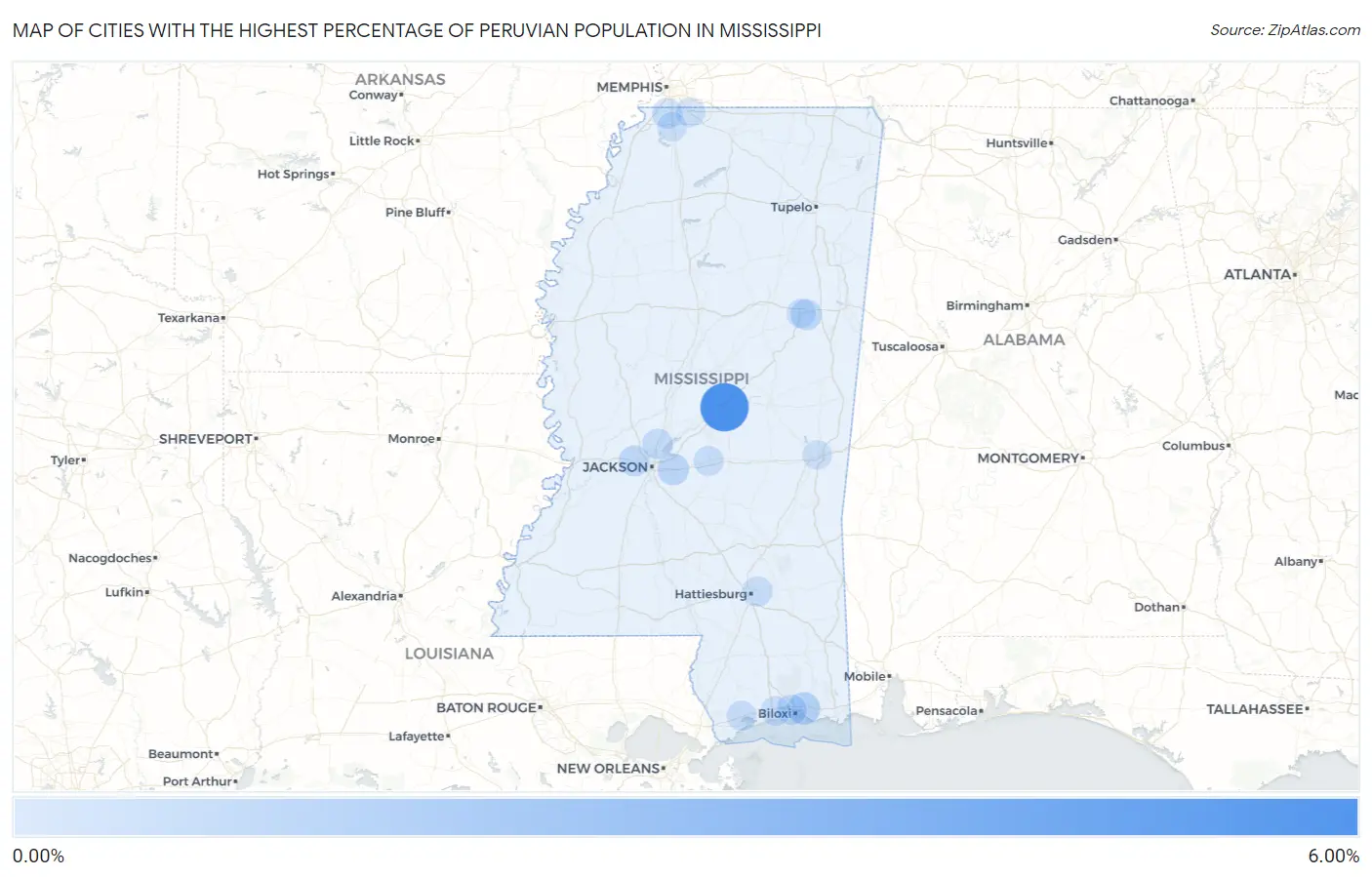 Cities with the Highest Percentage of Peruvian Population in Mississippi Map