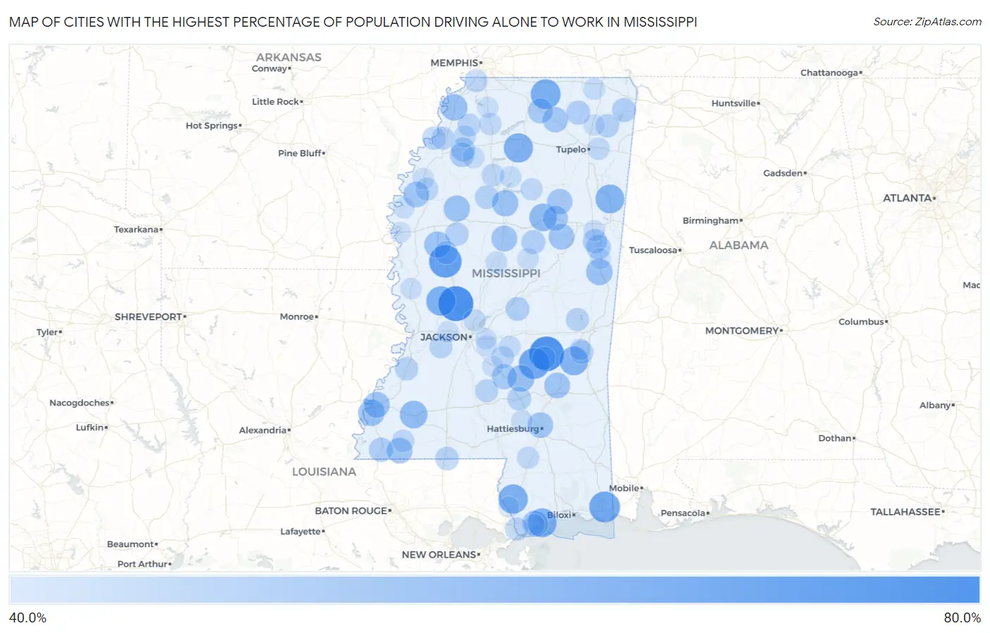 Cities with the Highest Percentage of Population Driving Alone to Work in Mississippi Map