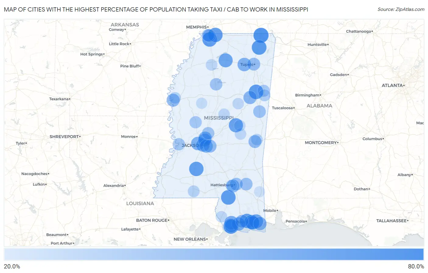 Cities with the Highest Percentage of Population Taking Taxi / Cab to Work in Mississippi Map