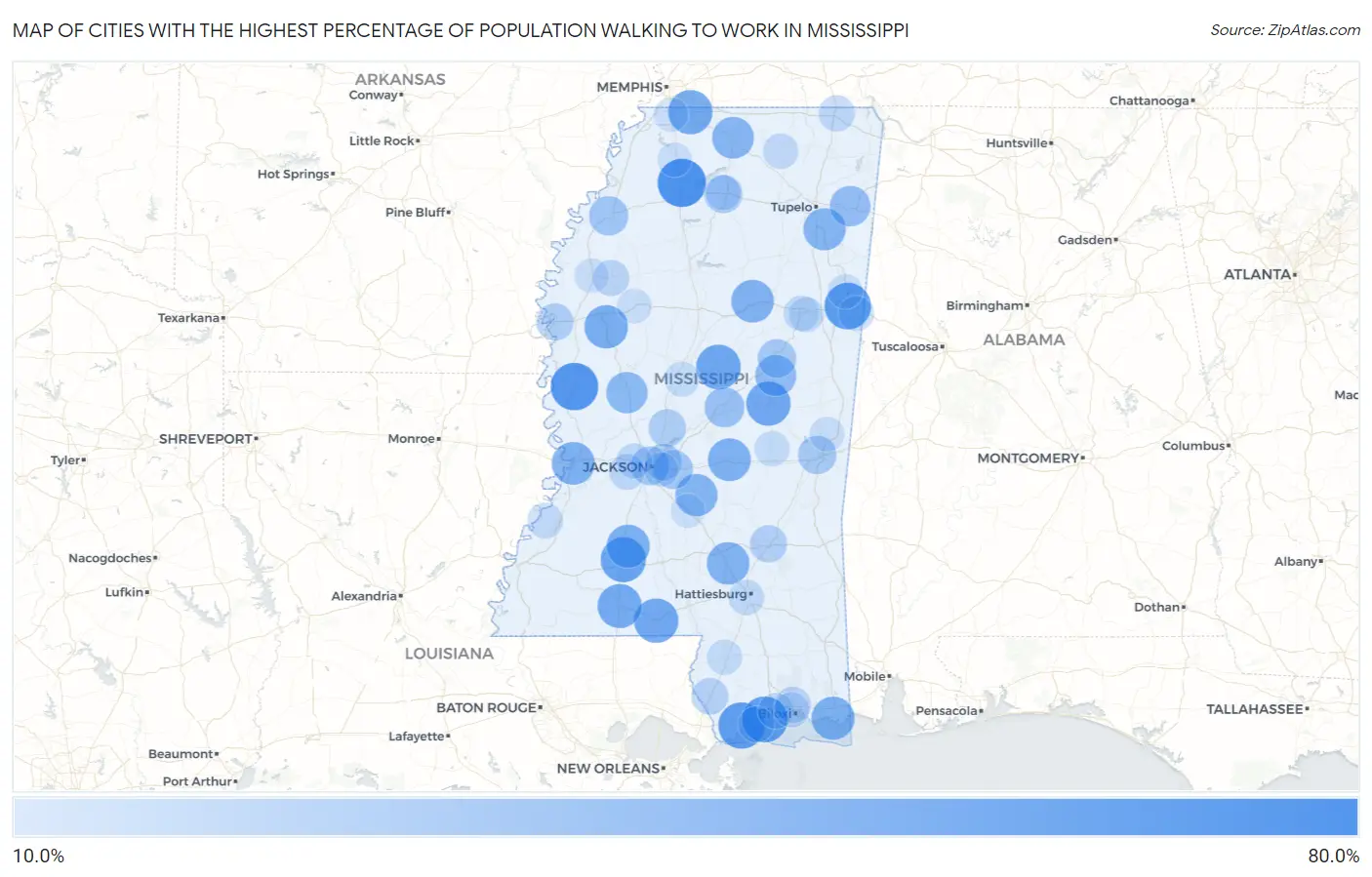 Cities with the Highest Percentage of Population Walking to Work in Mississippi Map