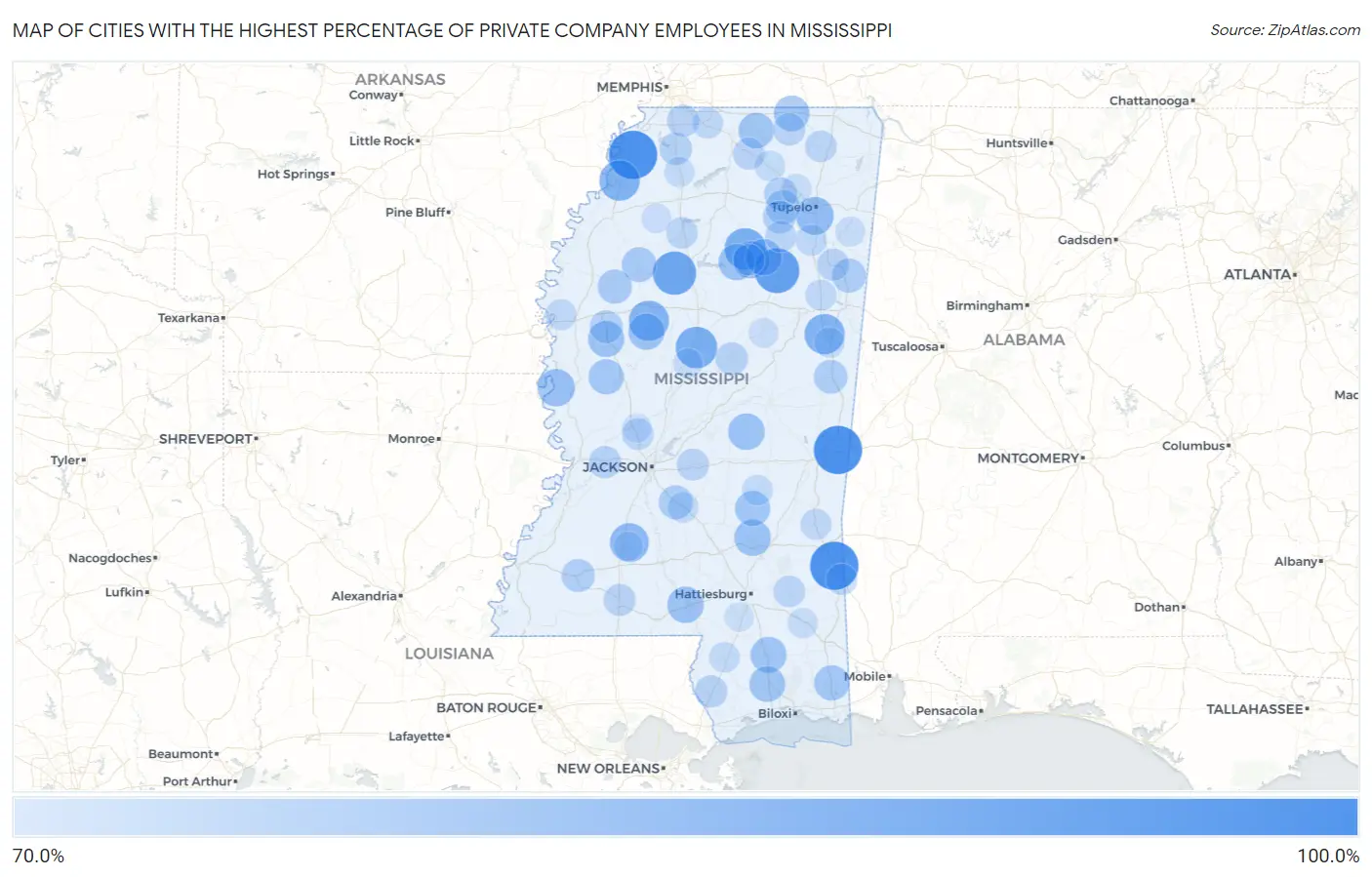 Cities with the Highest Percentage of Private Company Employees in Mississippi Map