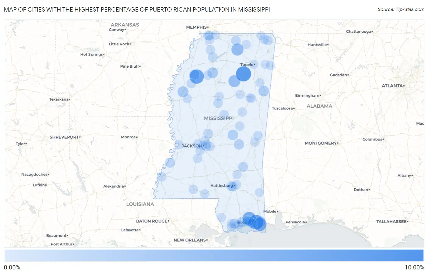 Cities with the Highest Percentage of Puerto Rican Population in Mississippi Map