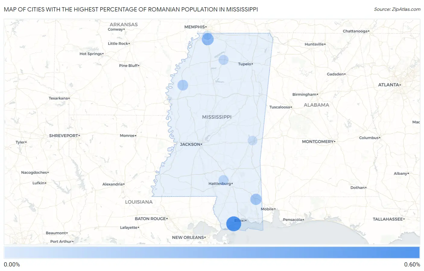 Cities with the Highest Percentage of Romanian Population in Mississippi Map