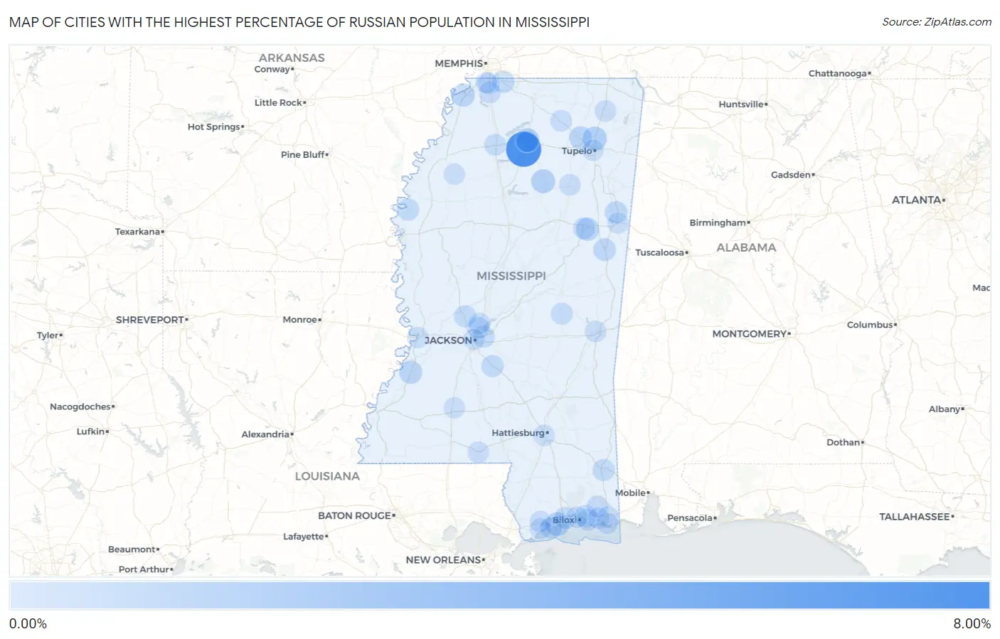 Cities with the Highest Percentage of Russian Population in Mississippi Map