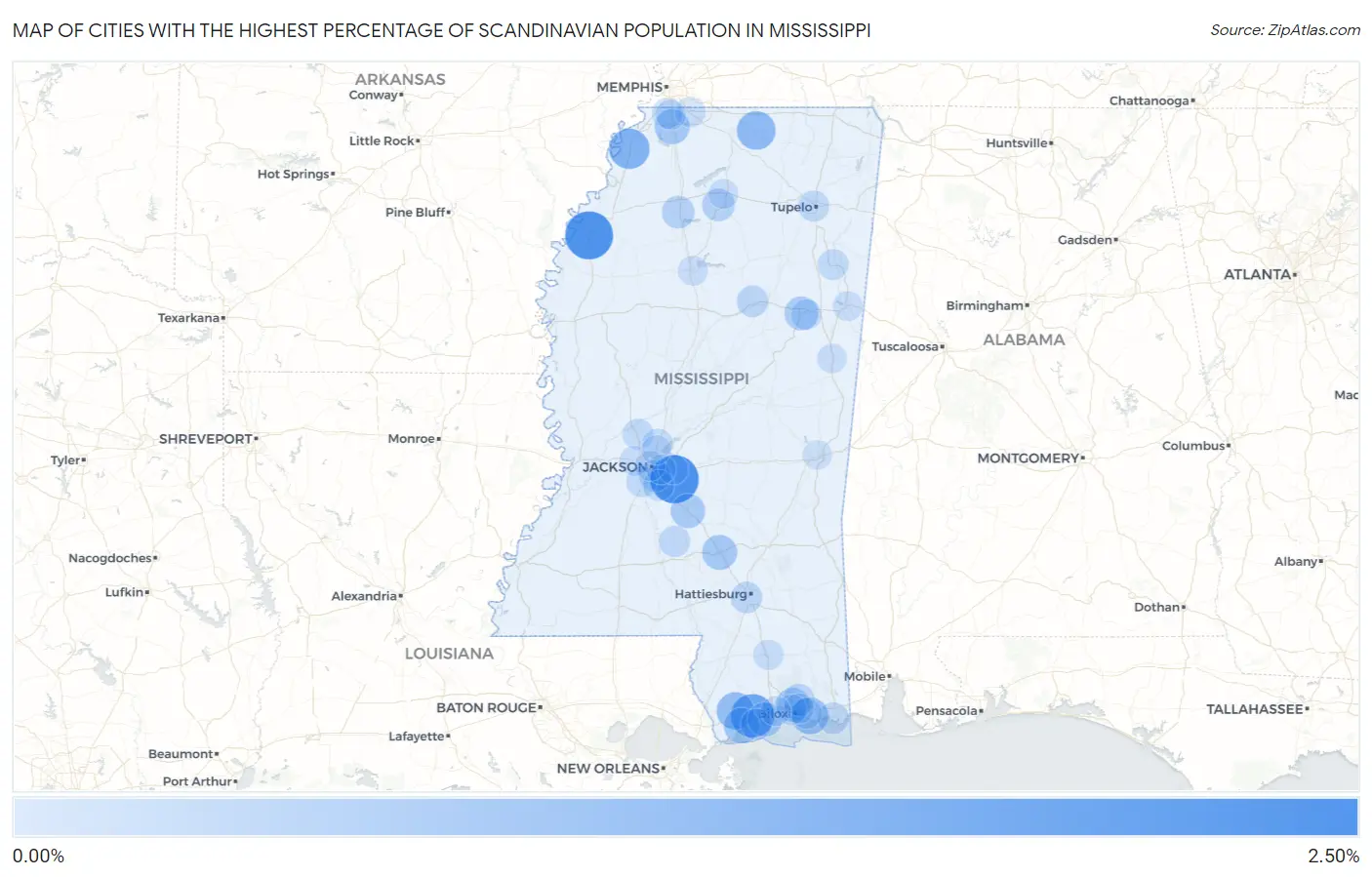 Cities with the Highest Percentage of Scandinavian Population in Mississippi Map