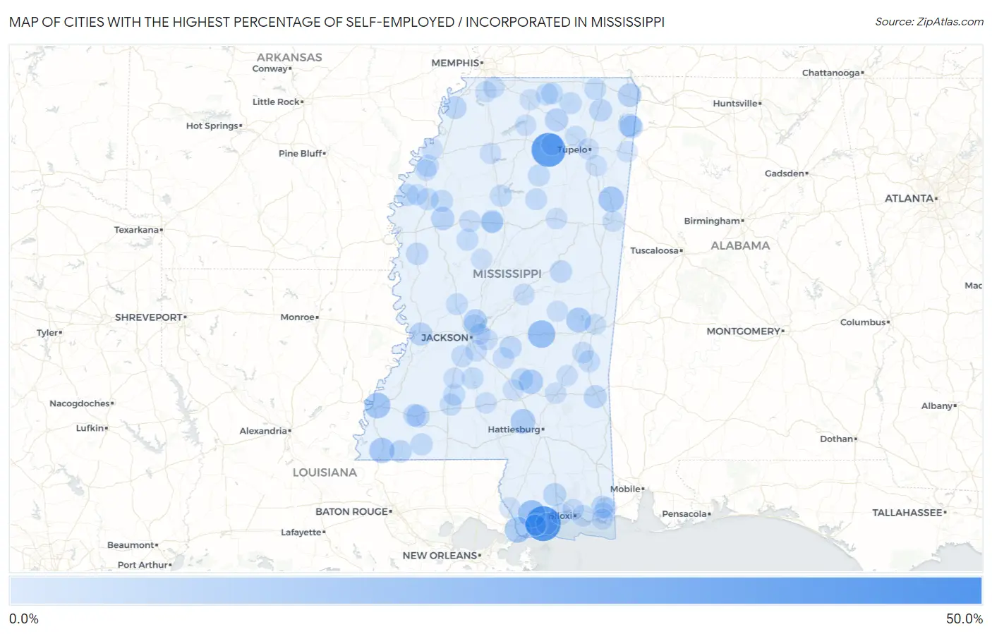 Cities with the Highest Percentage of Self-Employed / Incorporated in Mississippi Map