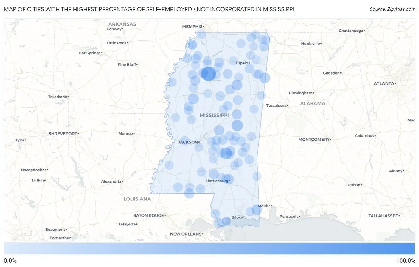Cities with the Highest Percentage of Self-Employed / Not Incorporated in Mississippi Map