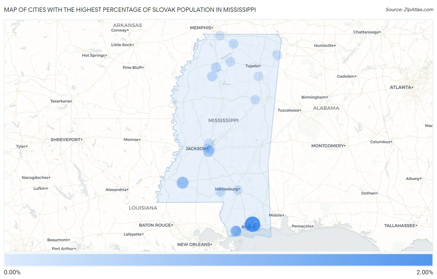Cities with the Highest Percentage of Slovak Population in Mississippi Map