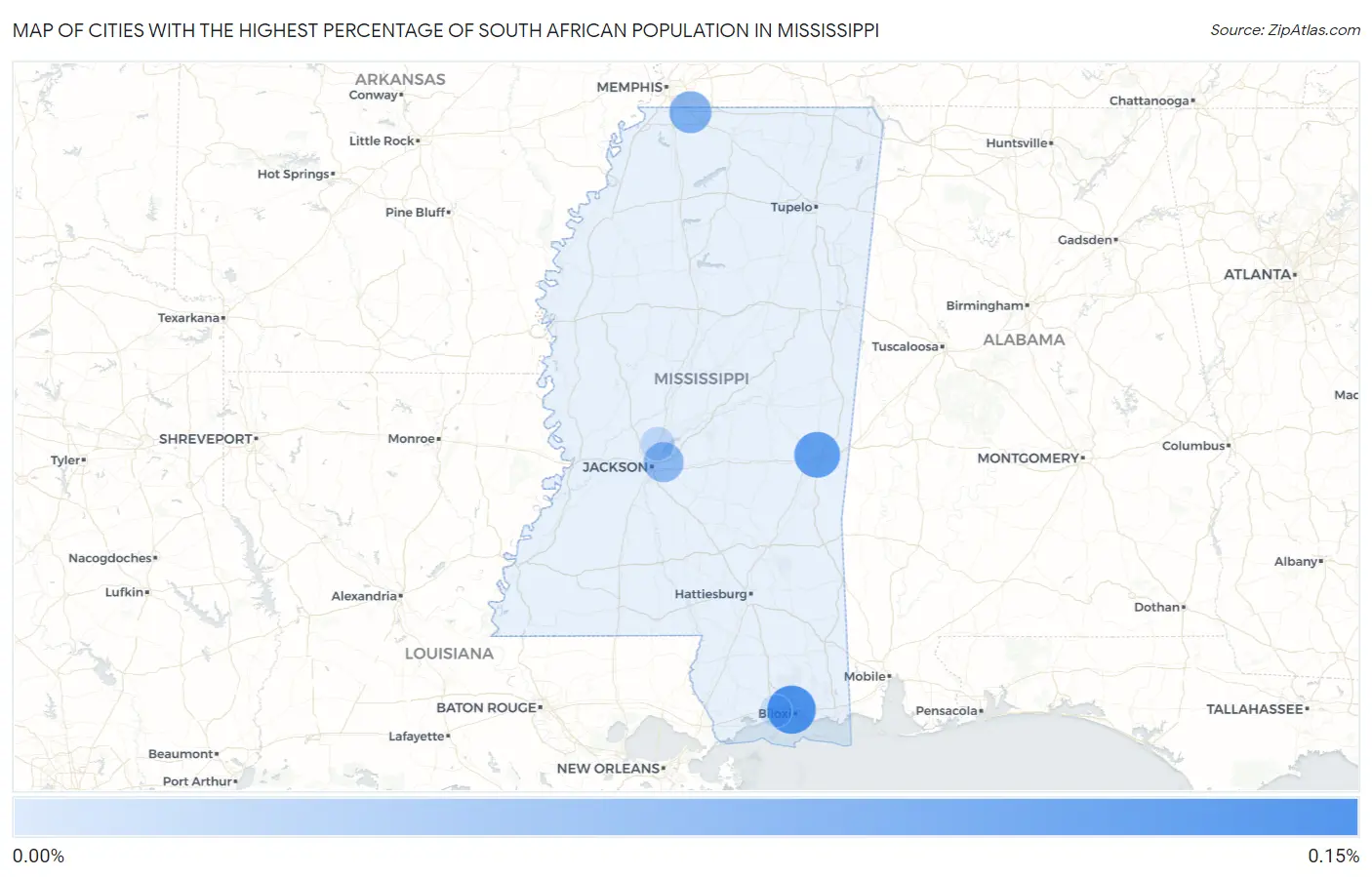 Cities with the Highest Percentage of South African Population in Mississippi Map