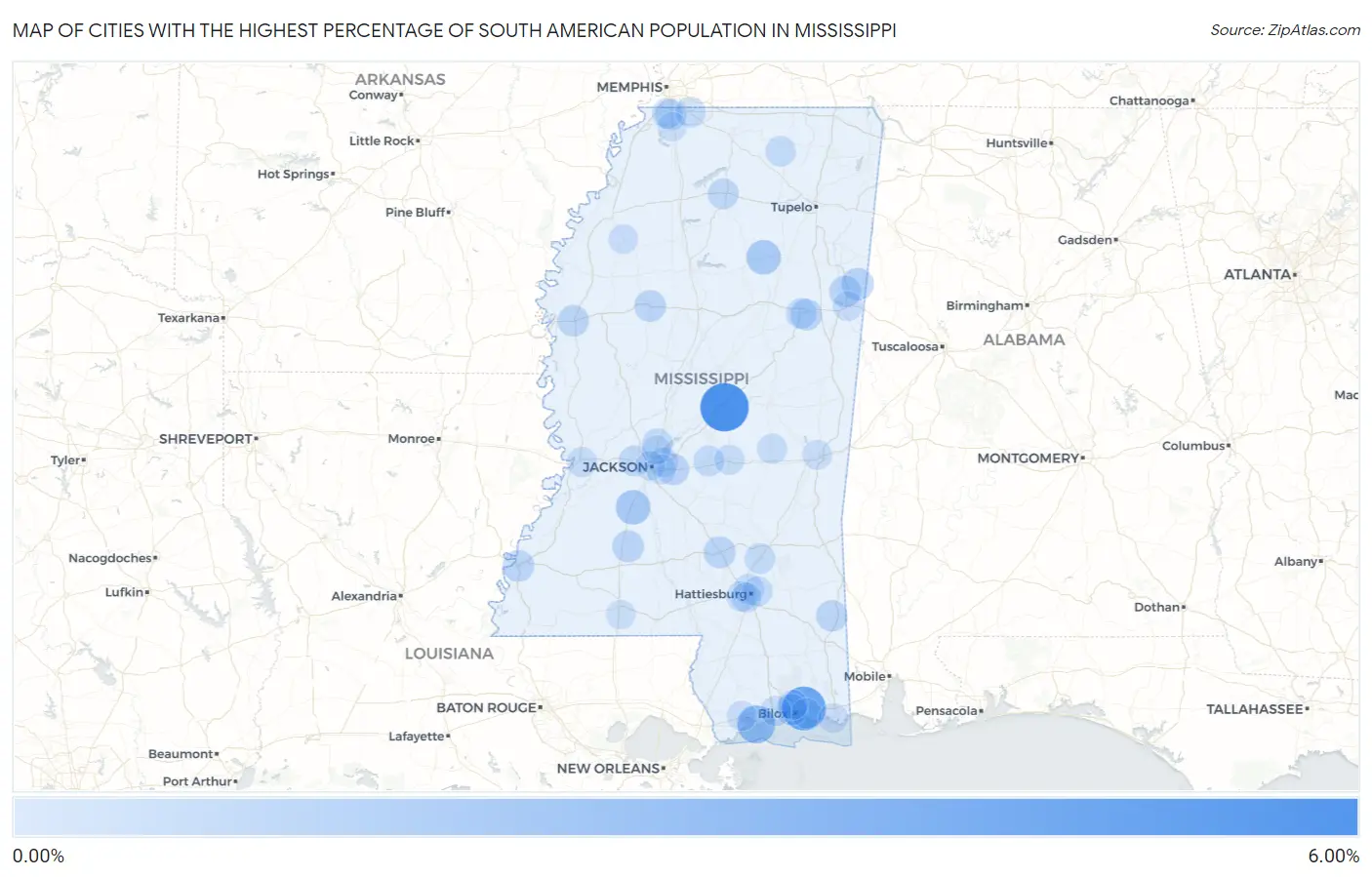 Cities with the Highest Percentage of South American Population in Mississippi Map