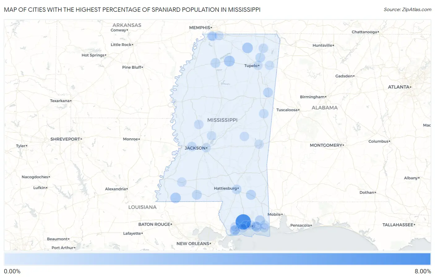 Cities with the Highest Percentage of Spaniard Population in Mississippi Map