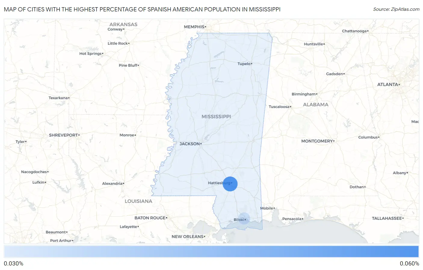 Cities with the Highest Percentage of Spanish American Population in Mississippi Map