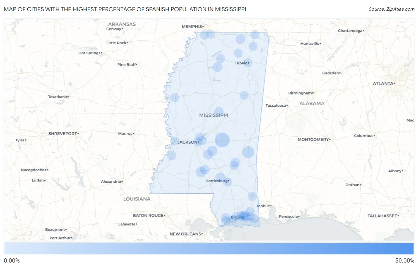 Cities with the Highest Percentage of Spanish Population in Mississippi Map