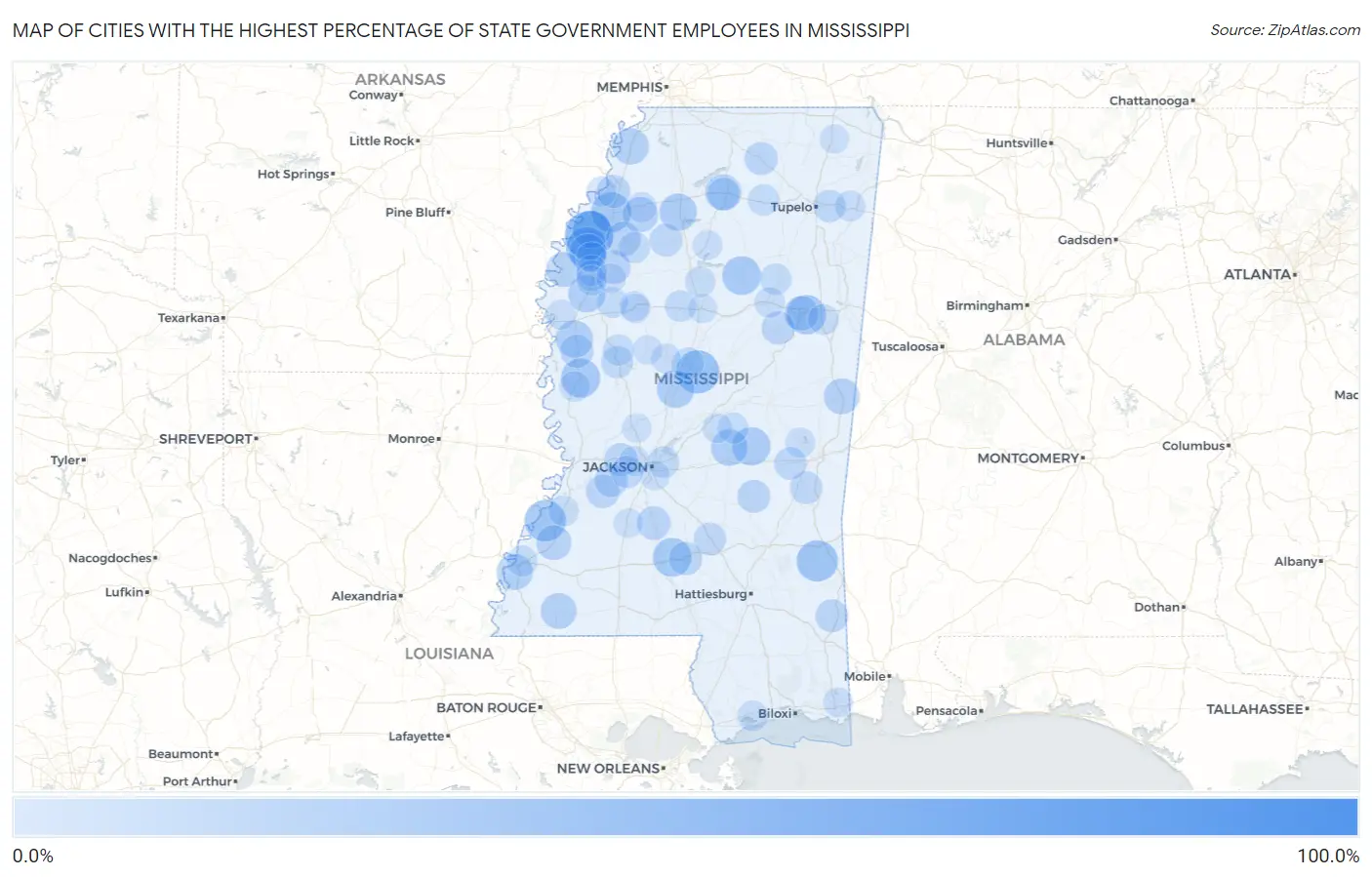 Cities with the Highest Percentage of State Government Employees in Mississippi Map