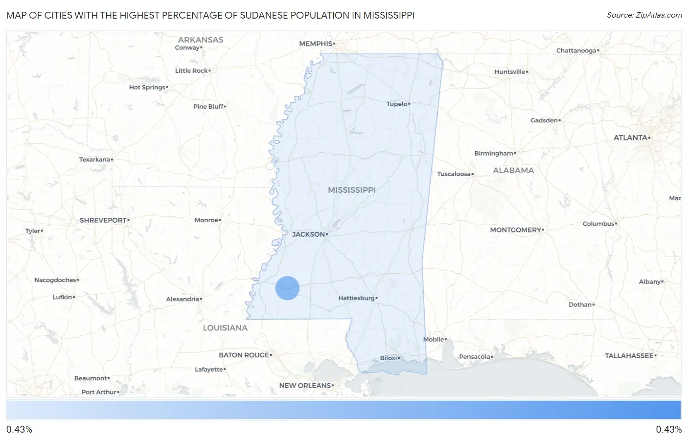 Cities with the Highest Percentage of Sudanese Population in Mississippi Map