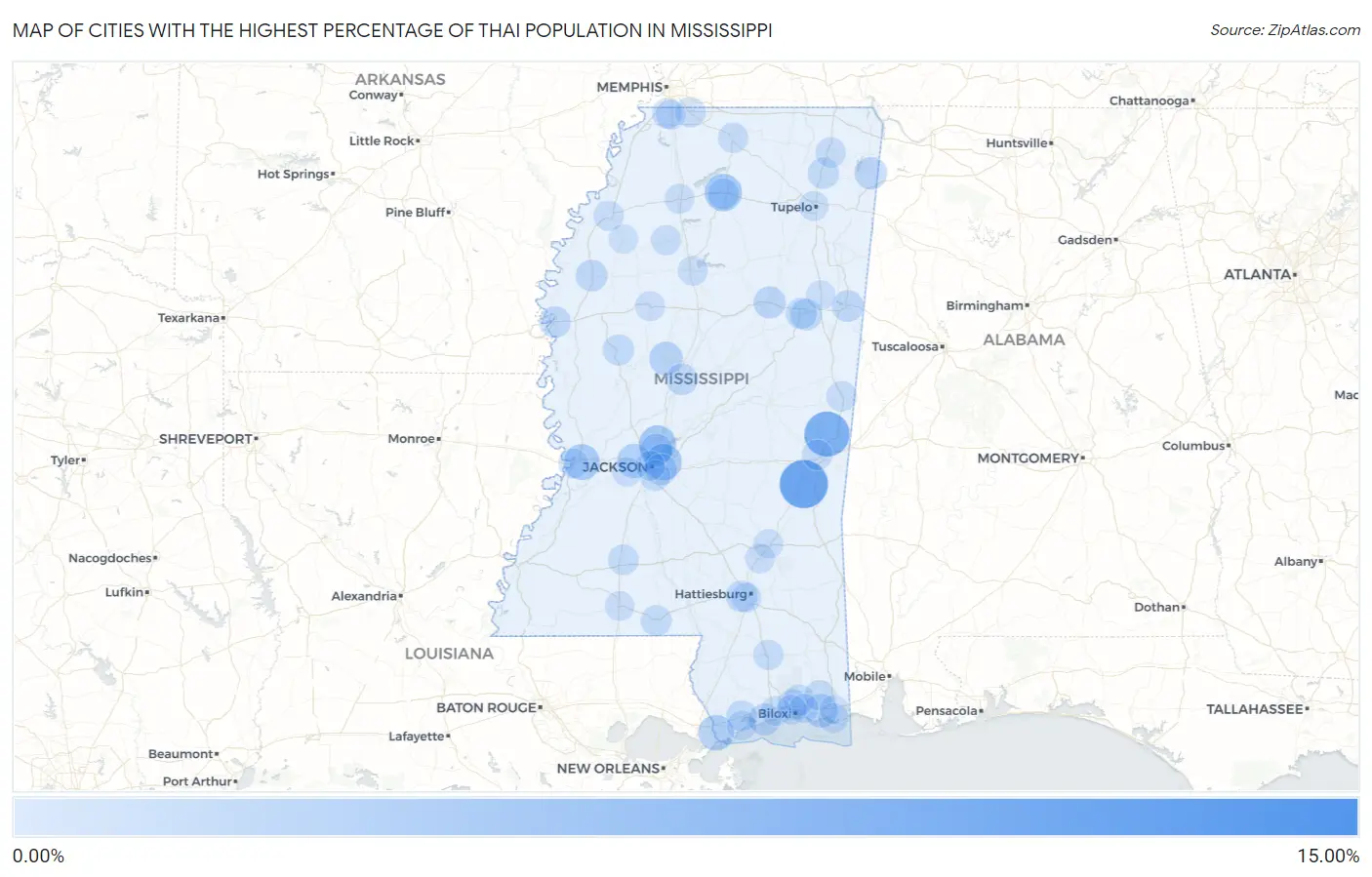 Cities with the Highest Percentage of Thai Population in Mississippi Map
