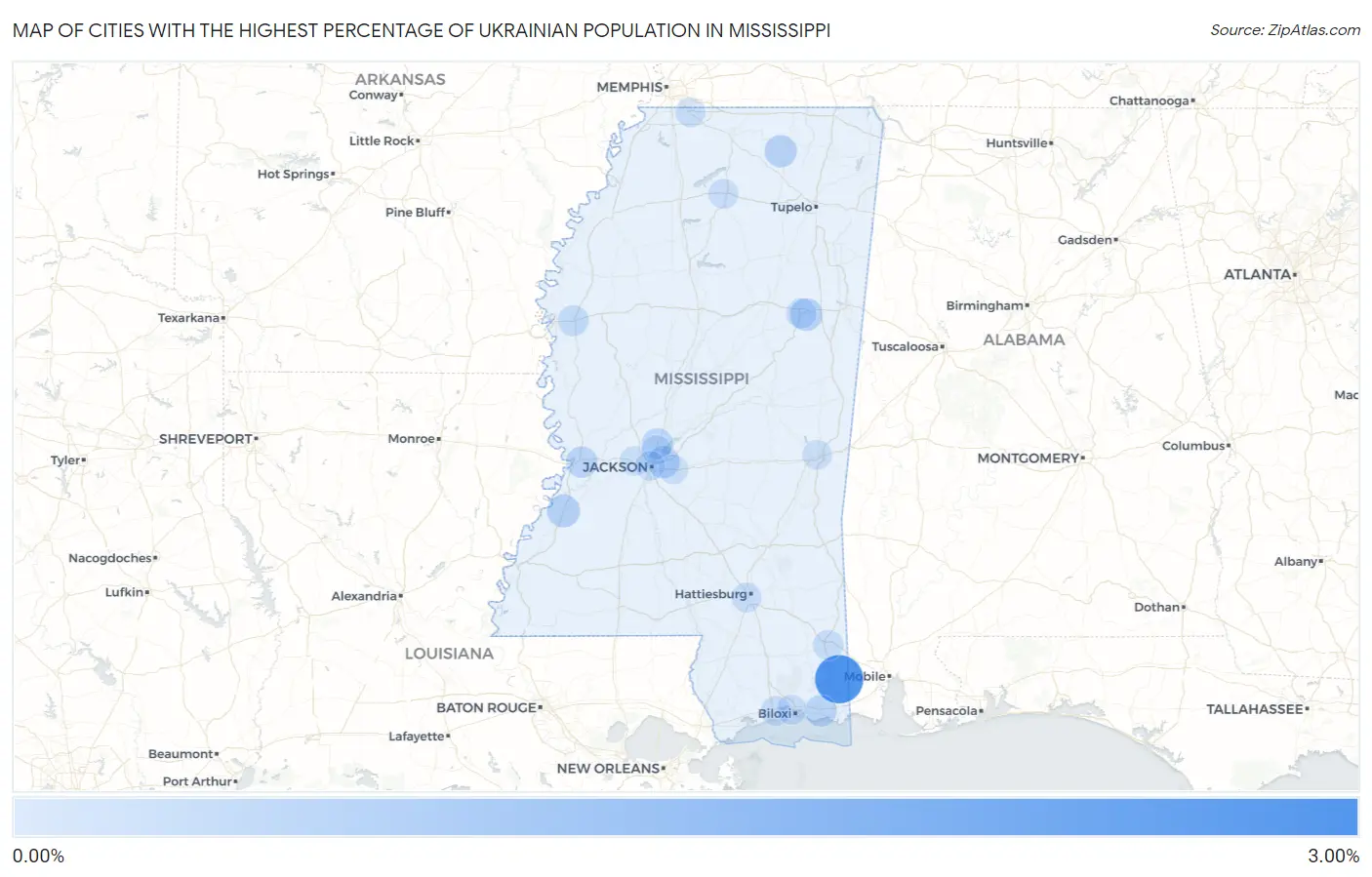 Cities with the Highest Percentage of Ukrainian Population in Mississippi Map
