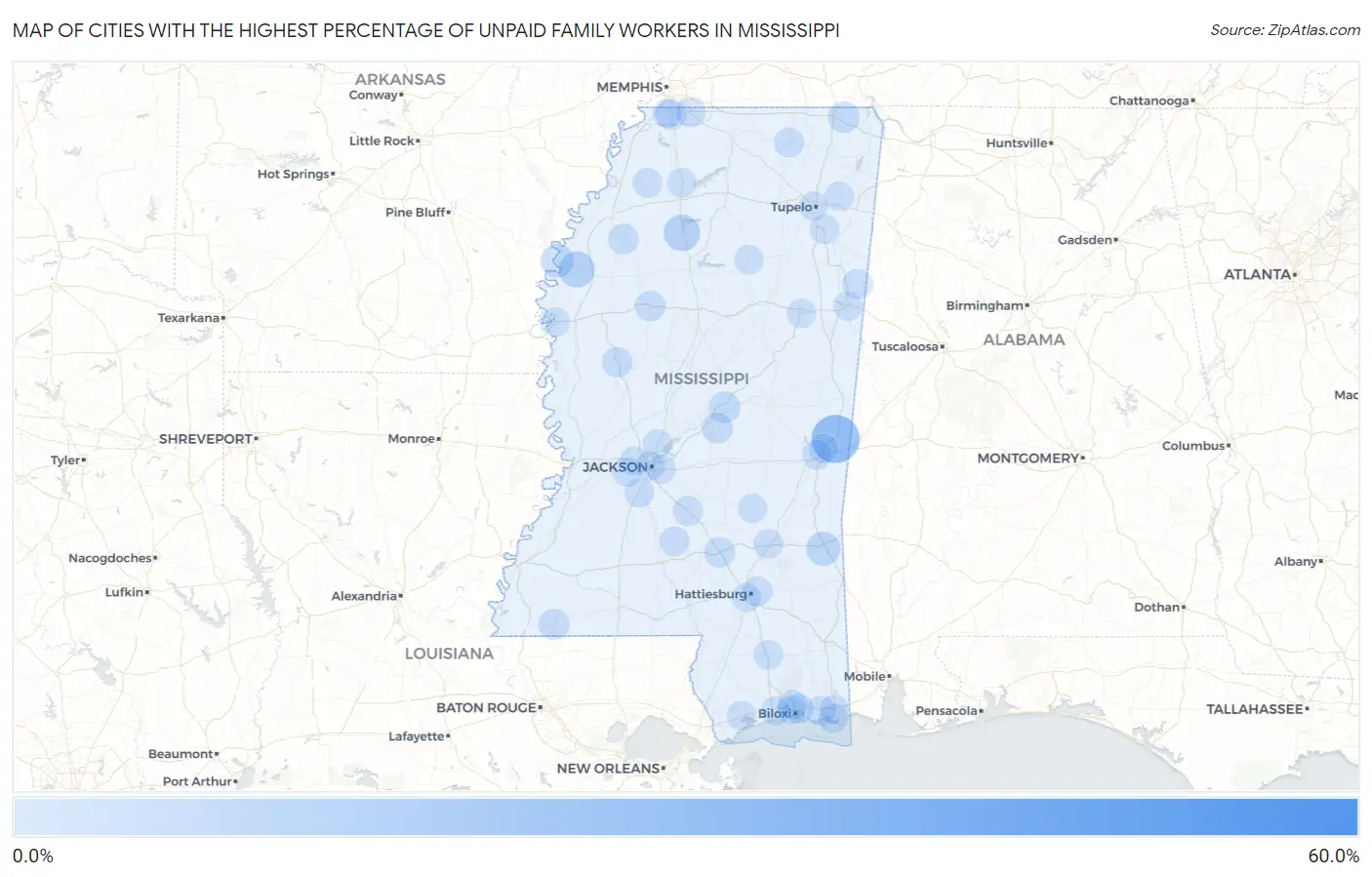 Cities with the Highest Percentage of Unpaid Family Workers in Mississippi Map