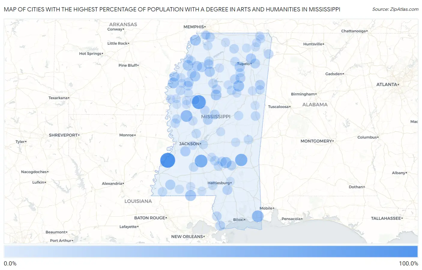 Cities with the Highest Percentage of Population with a Degree in Arts and Humanities in Mississippi Map