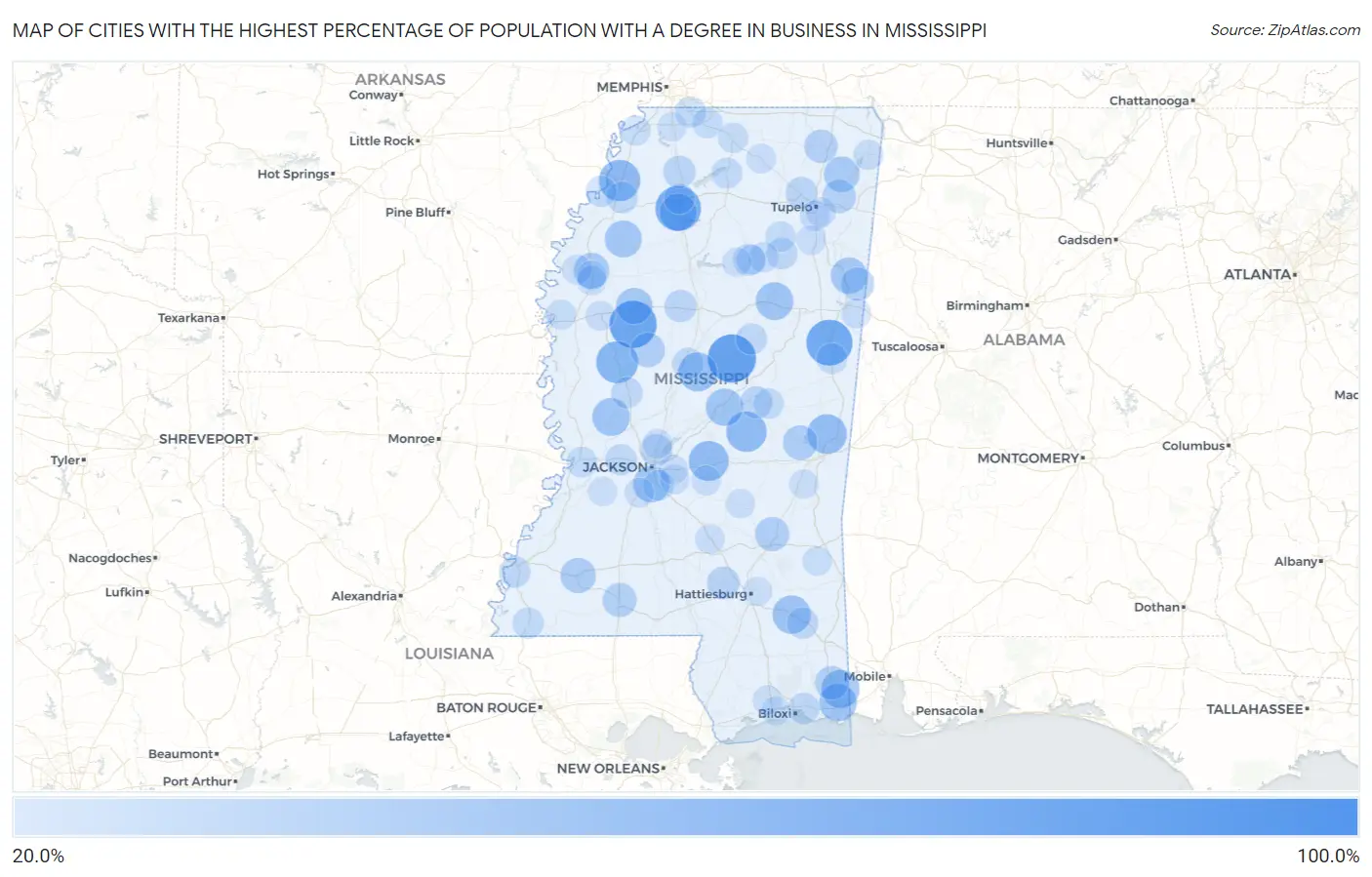 Cities with the Highest Percentage of Population with a Degree in Business in Mississippi Map