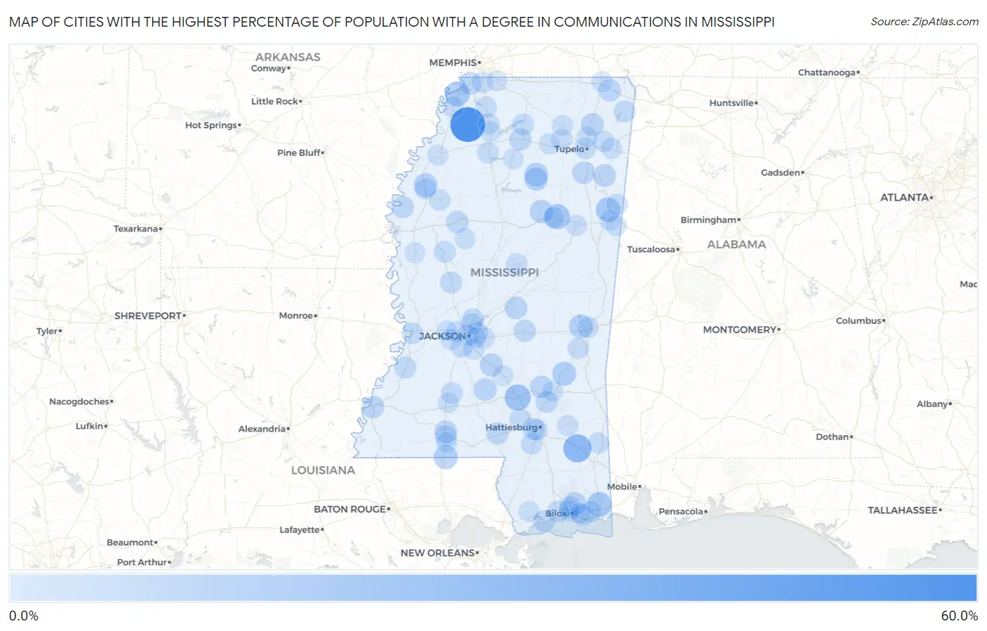 Cities with the Highest Percentage of Population with a Degree in Communications in Mississippi Map