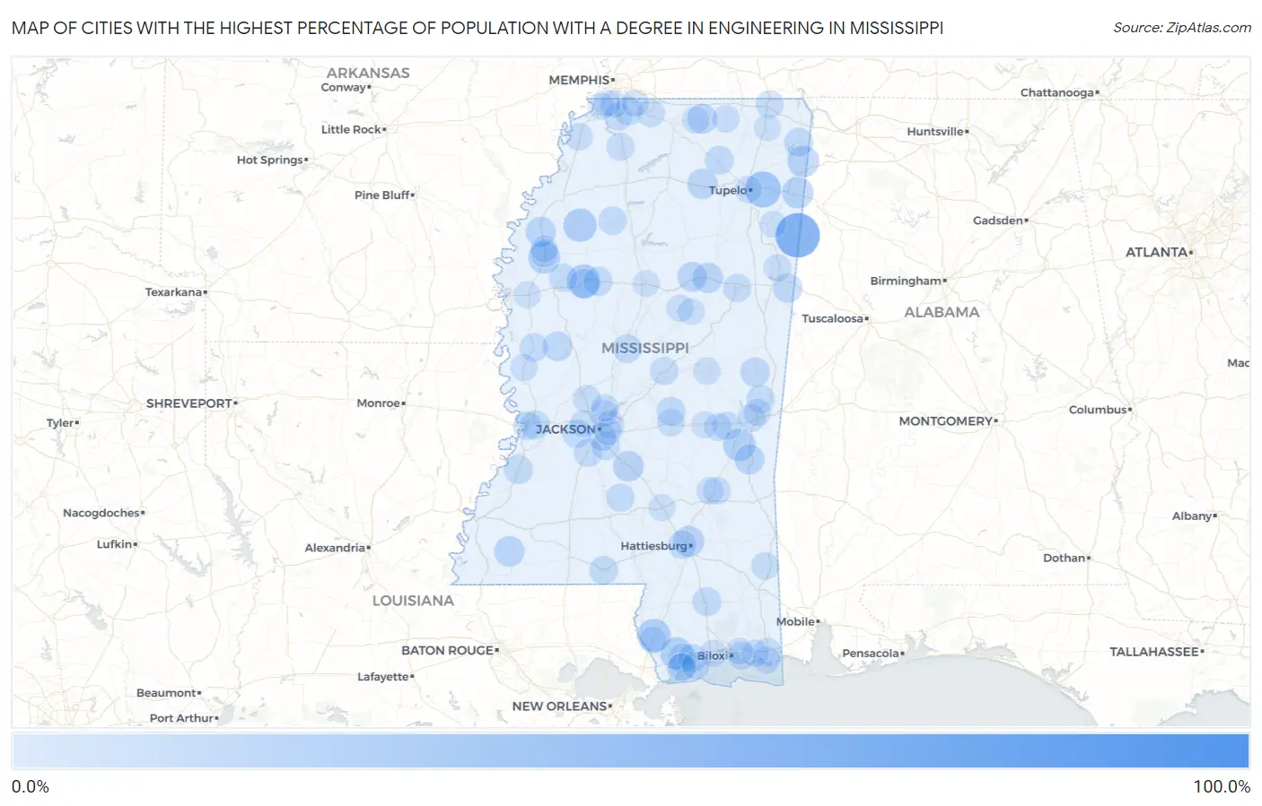 Cities with the Highest Percentage of Population with a Degree in Engineering in Mississippi Map