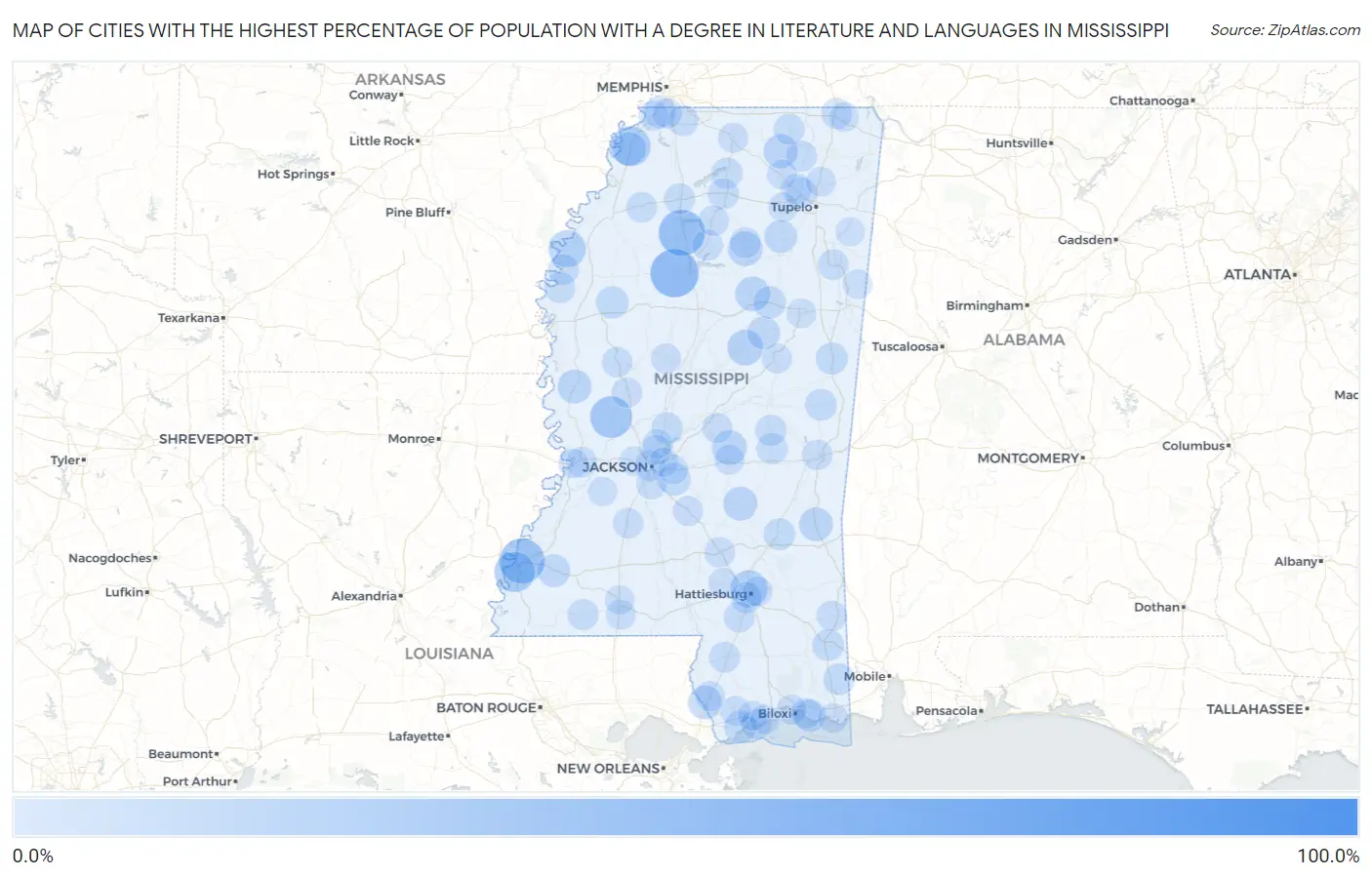 Cities with the Highest Percentage of Population with a Degree in Literature and Languages in Mississippi Map
