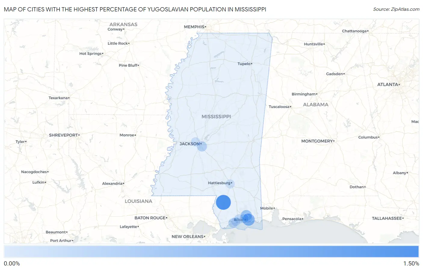 Cities with the Highest Percentage of Yugoslavian Population in Mississippi Map