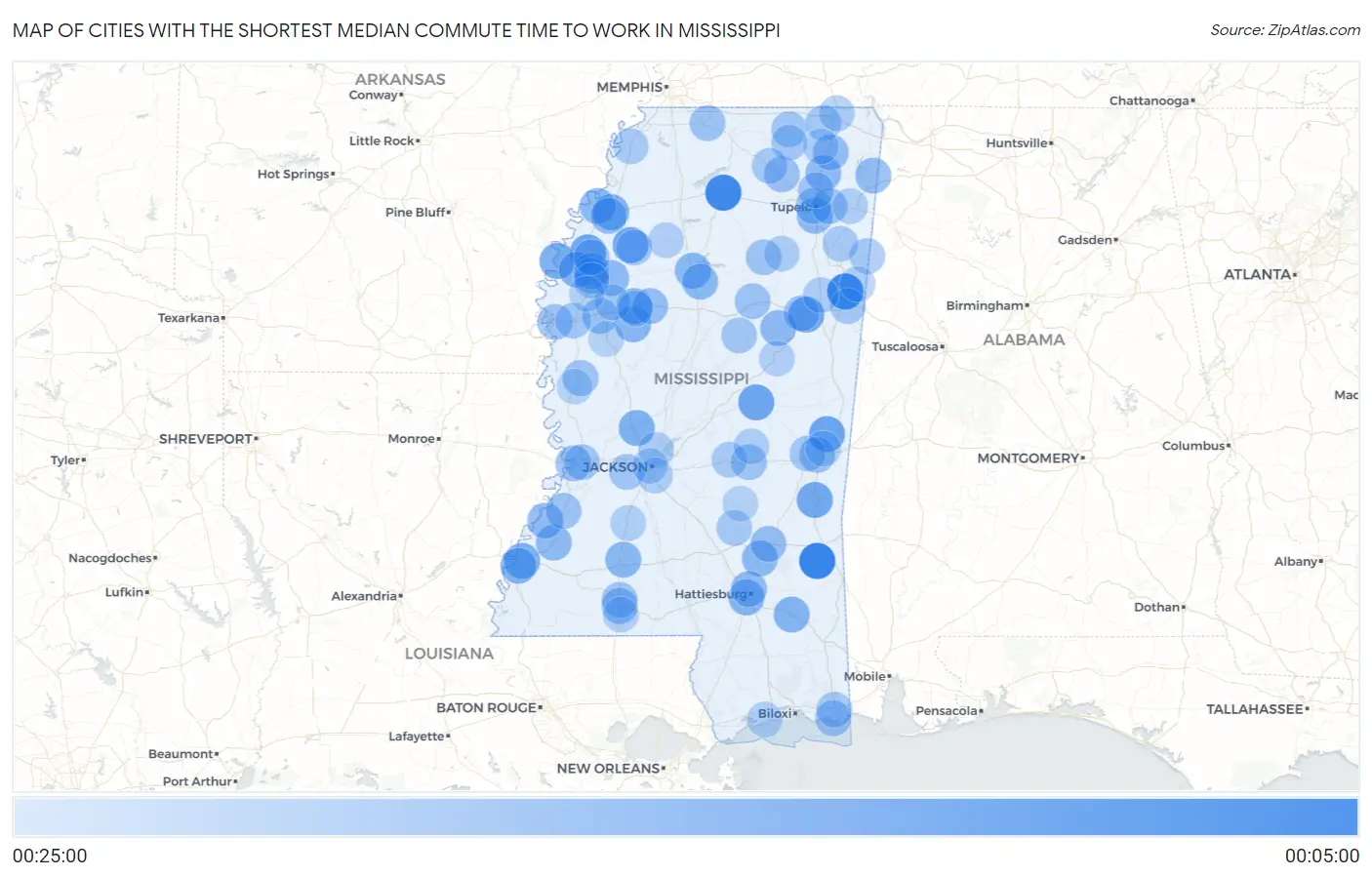 Cities with the Shortest Median Commute Time to Work in Mississippi Map