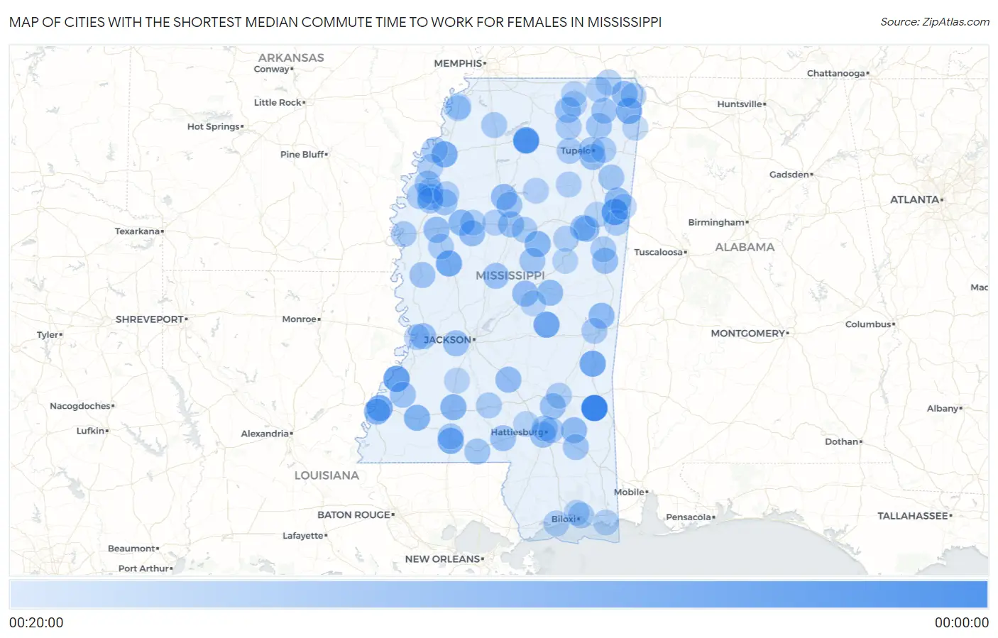 Cities with the Shortest Median Commute Time to Work for Females in Mississippi Map