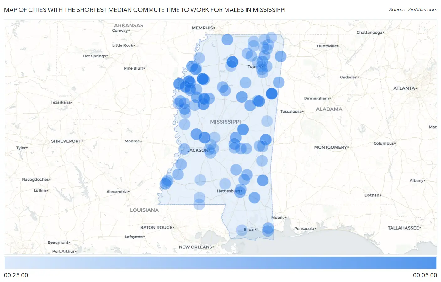 Cities with the Shortest Median Commute Time to Work for Males in Mississippi Map