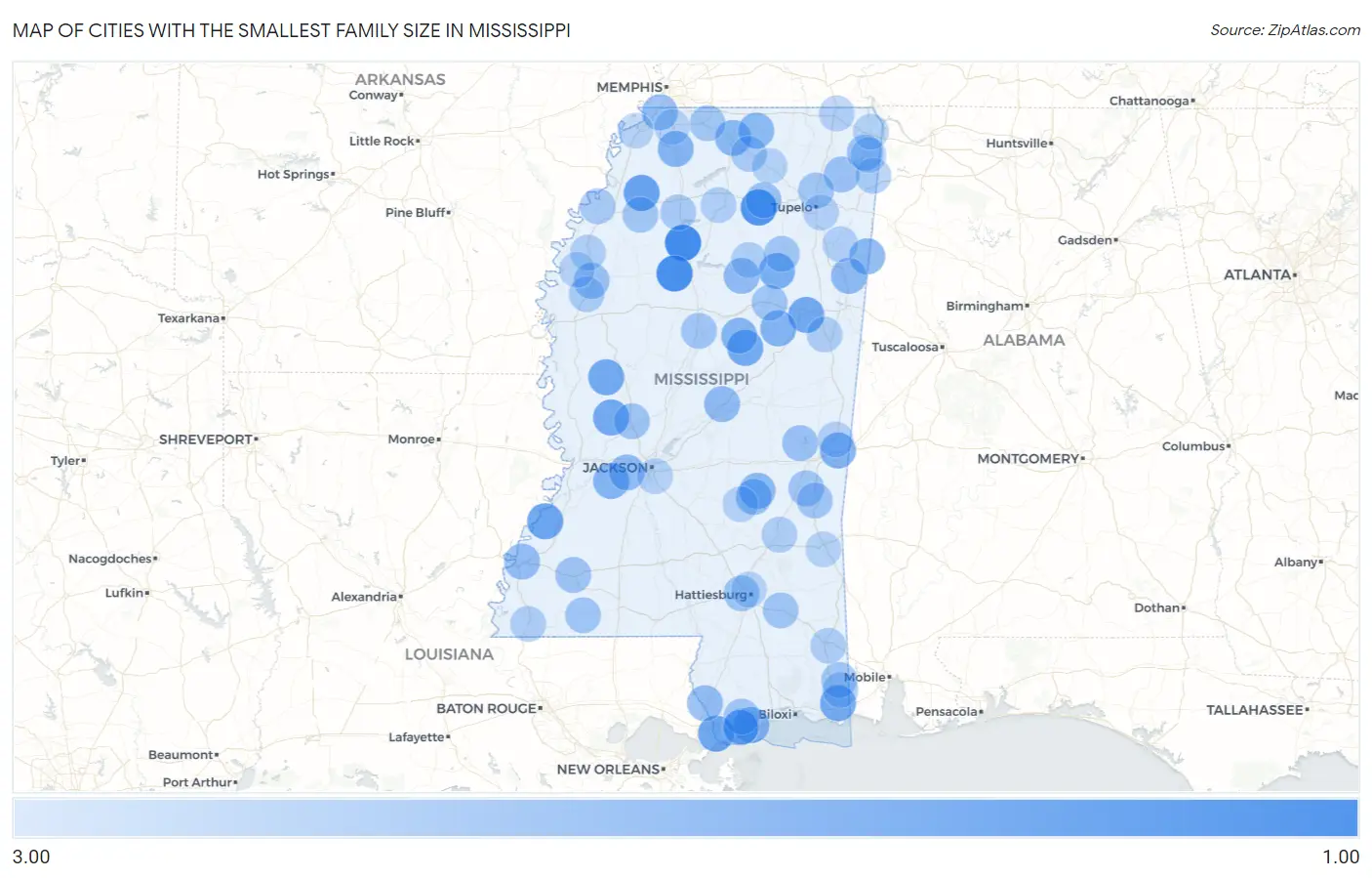 Cities with the Smallest Family Size in Mississippi Map