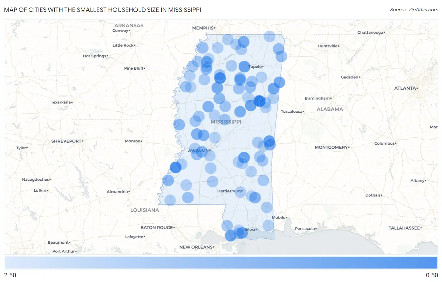 Cities with the Smallest Household Size in Mississippi Map