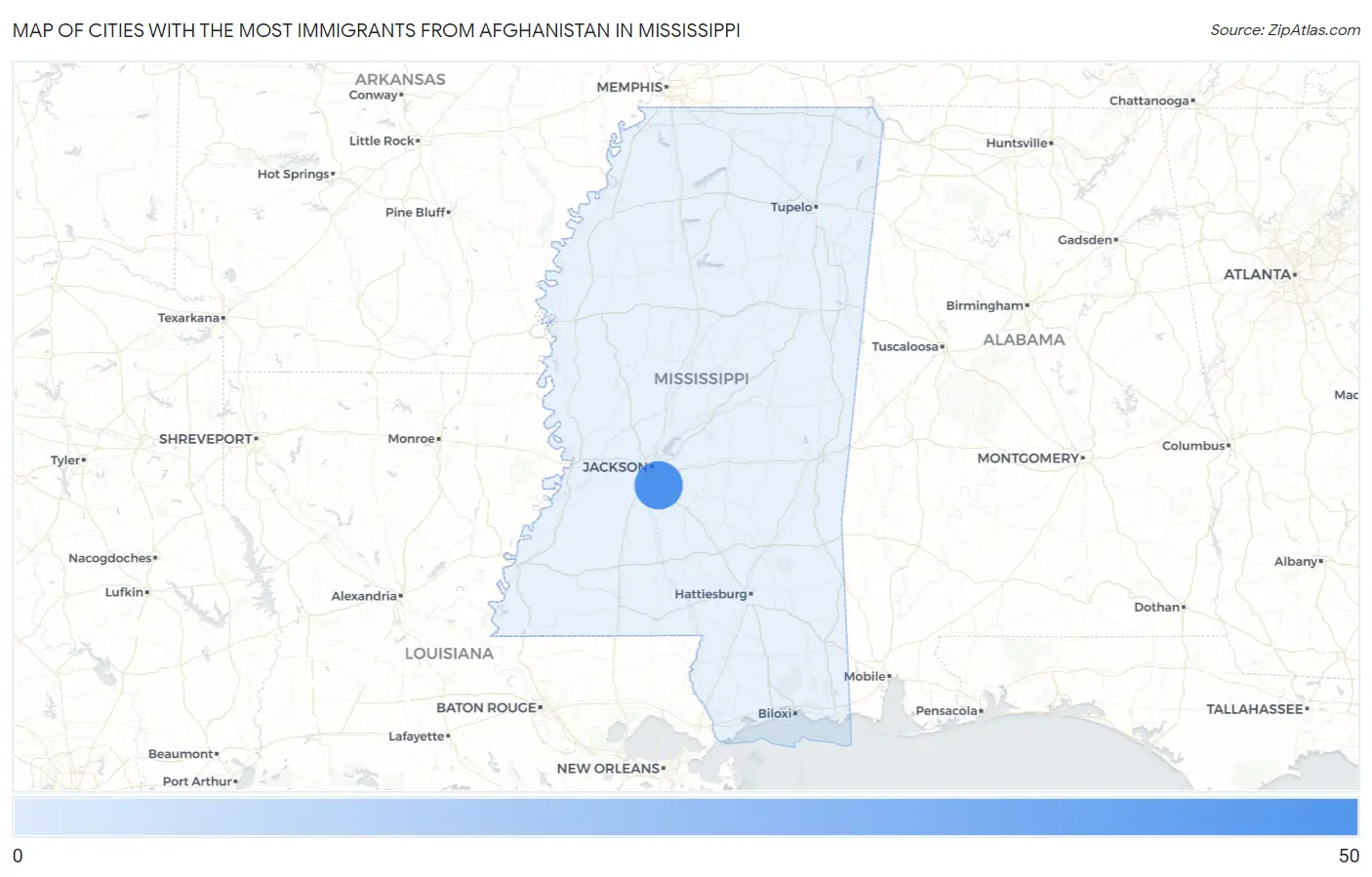 Cities with the Most Immigrants from Afghanistan in Mississippi Map