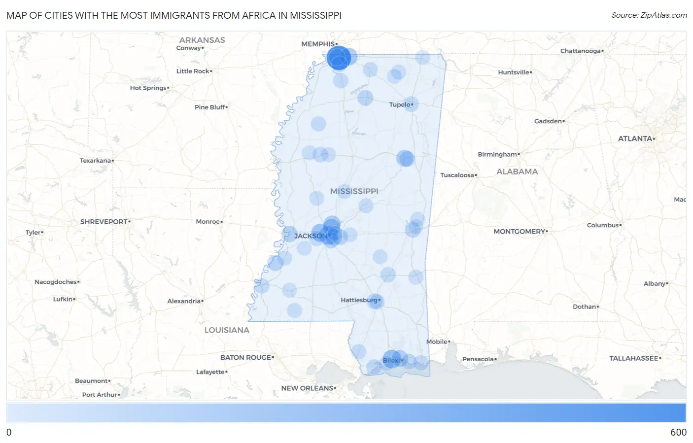 Cities with the Most Immigrants from Africa in Mississippi Map