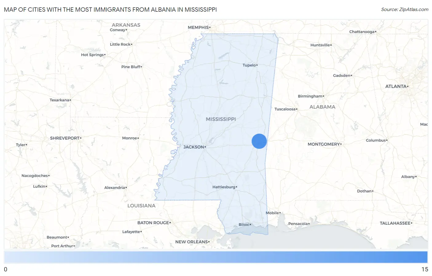 Cities with the Most Immigrants from Albania in Mississippi Map