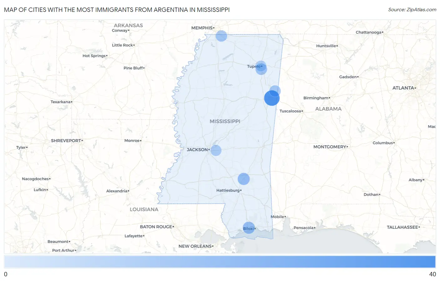 Cities with the Most Immigrants from Argentina in Mississippi Map