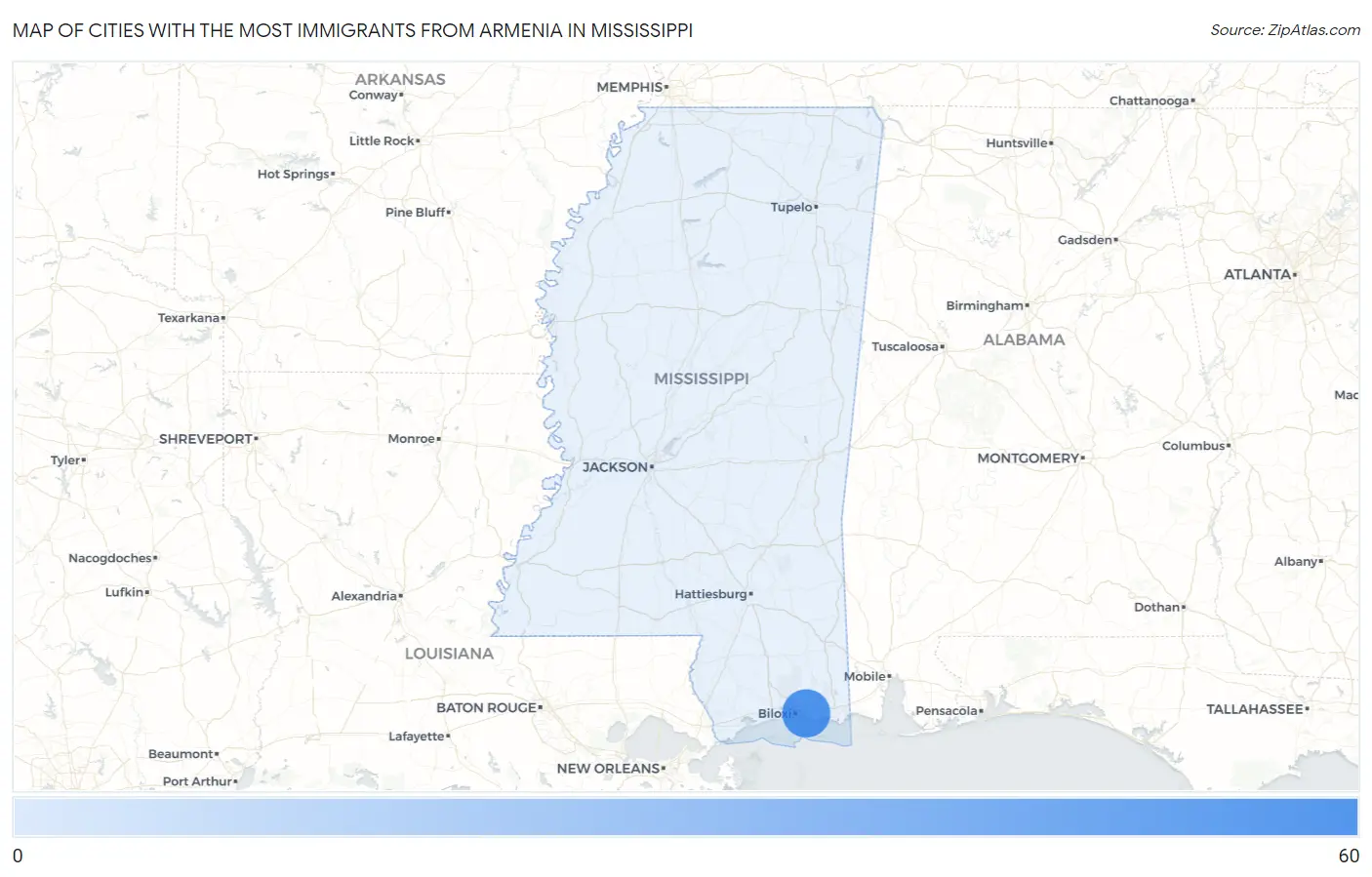 Cities with the Most Immigrants from Armenia in Mississippi Map