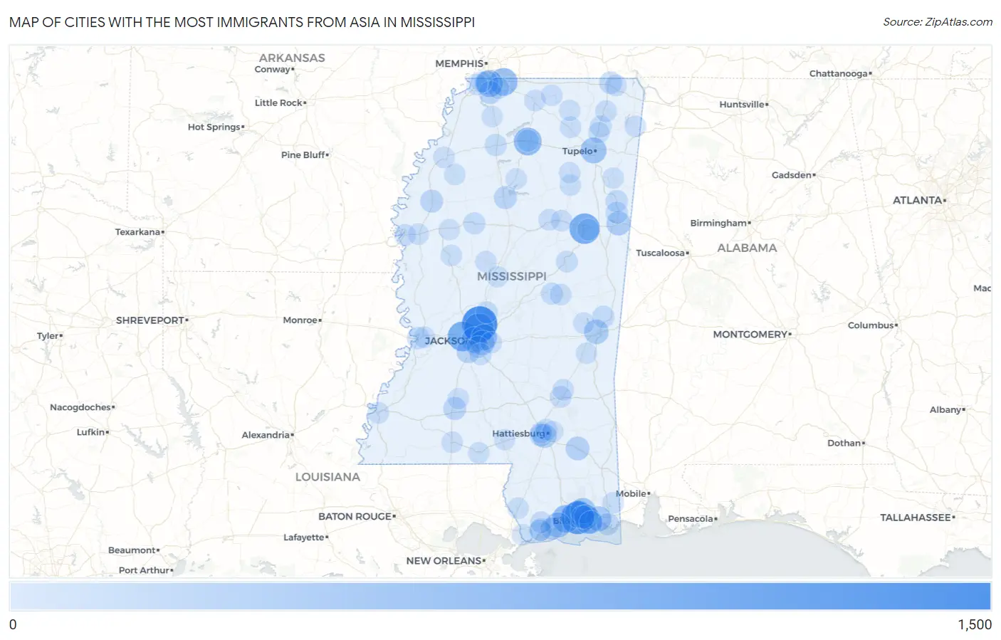 Cities with the Most Immigrants from Asia in Mississippi Map