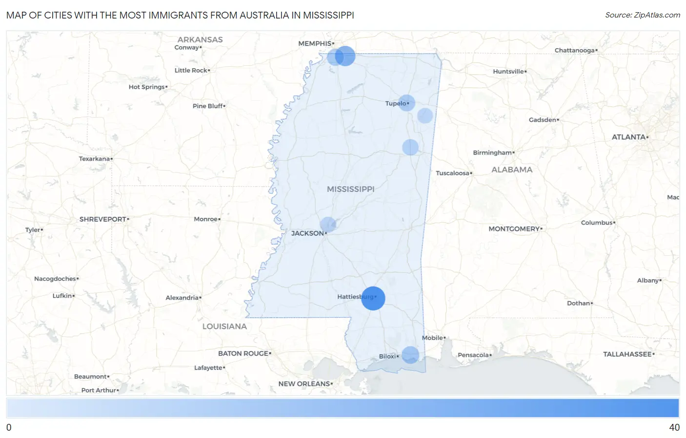 Cities with the Most Immigrants from Australia in Mississippi Map