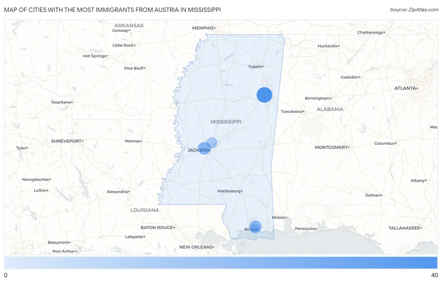 Cities with the Most Immigrants from Austria in Mississippi Map