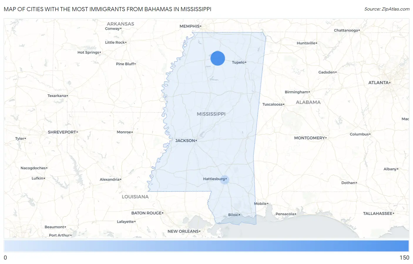 Cities with the Most Immigrants from Bahamas in Mississippi Map