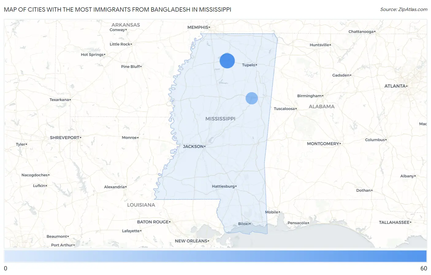 Cities with the Most Immigrants from Bangladesh in Mississippi Map