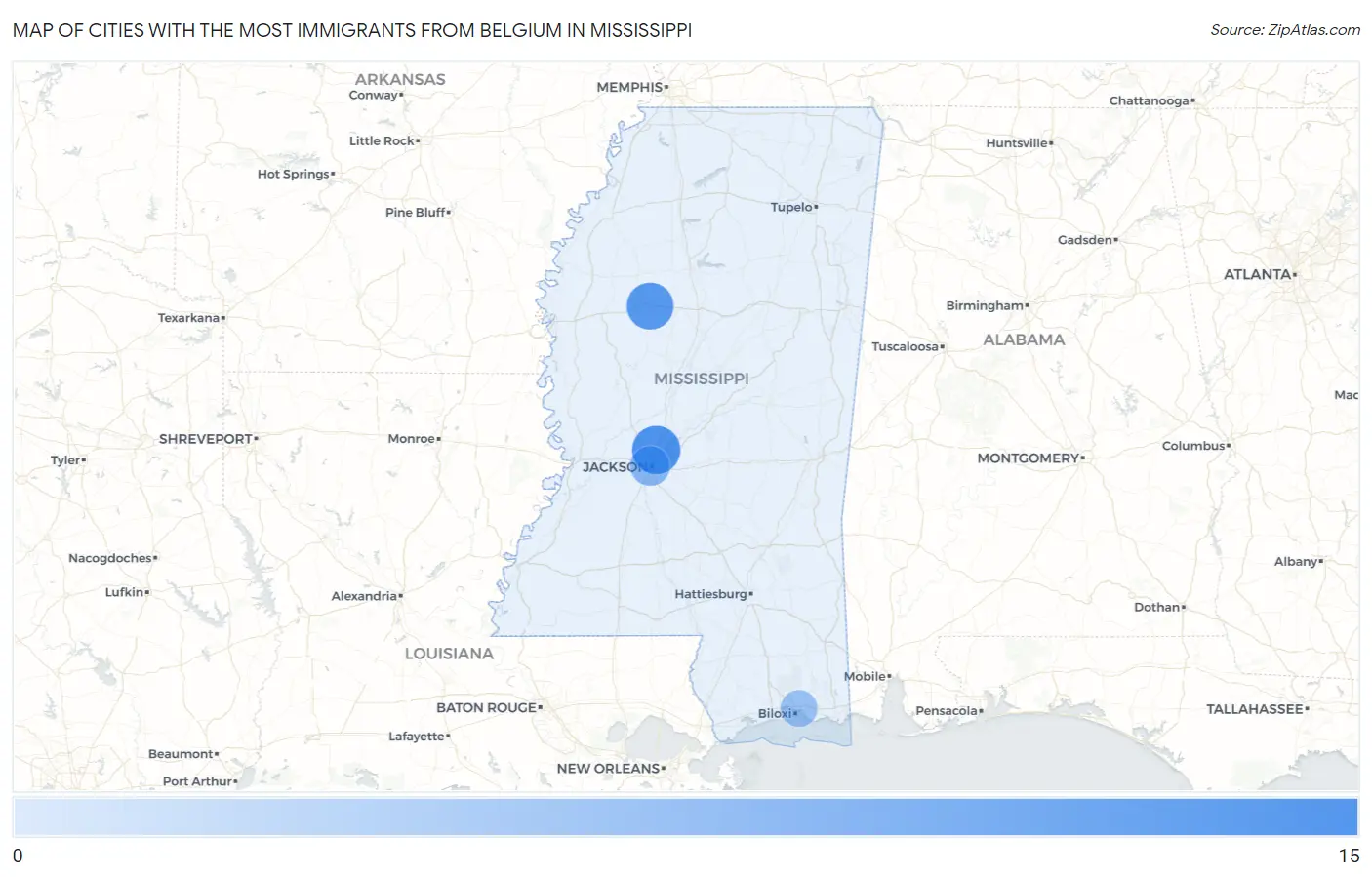 Cities with the Most Immigrants from Belgium in Mississippi Map